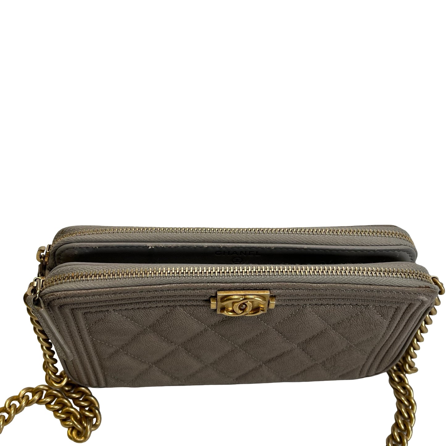 Used CHANEL Quilted Caviar Boy Chanel Zipped Wallet Long wallet Grey Gold