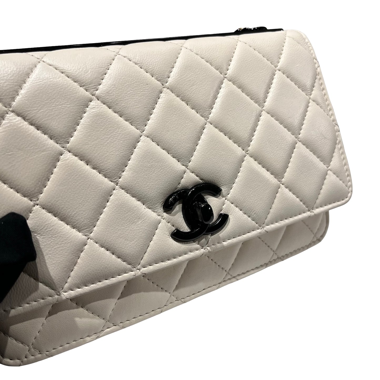 Used CHANEL Lambskin Leather WOC Shoulder Bag White Black Hardware