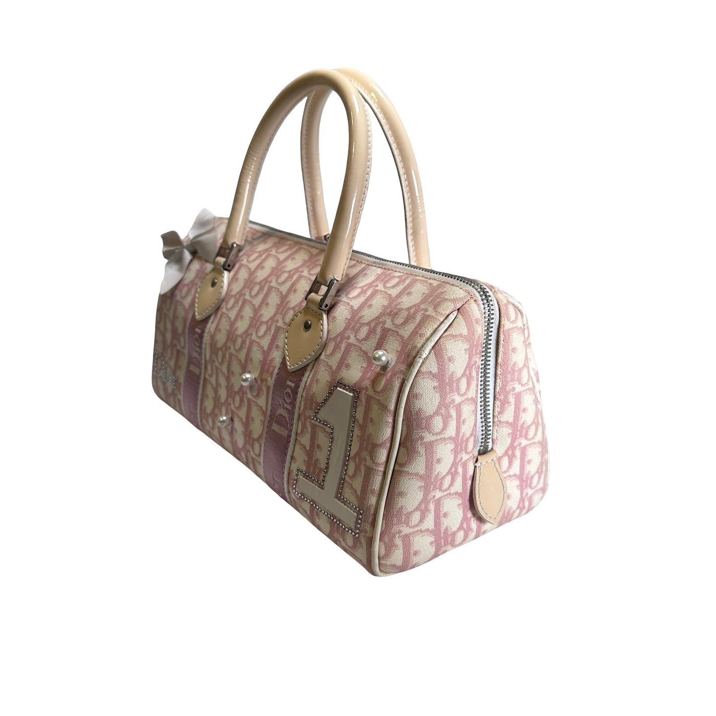 Used DIOR Canvas Trotter Boston Handbag Pink PHW