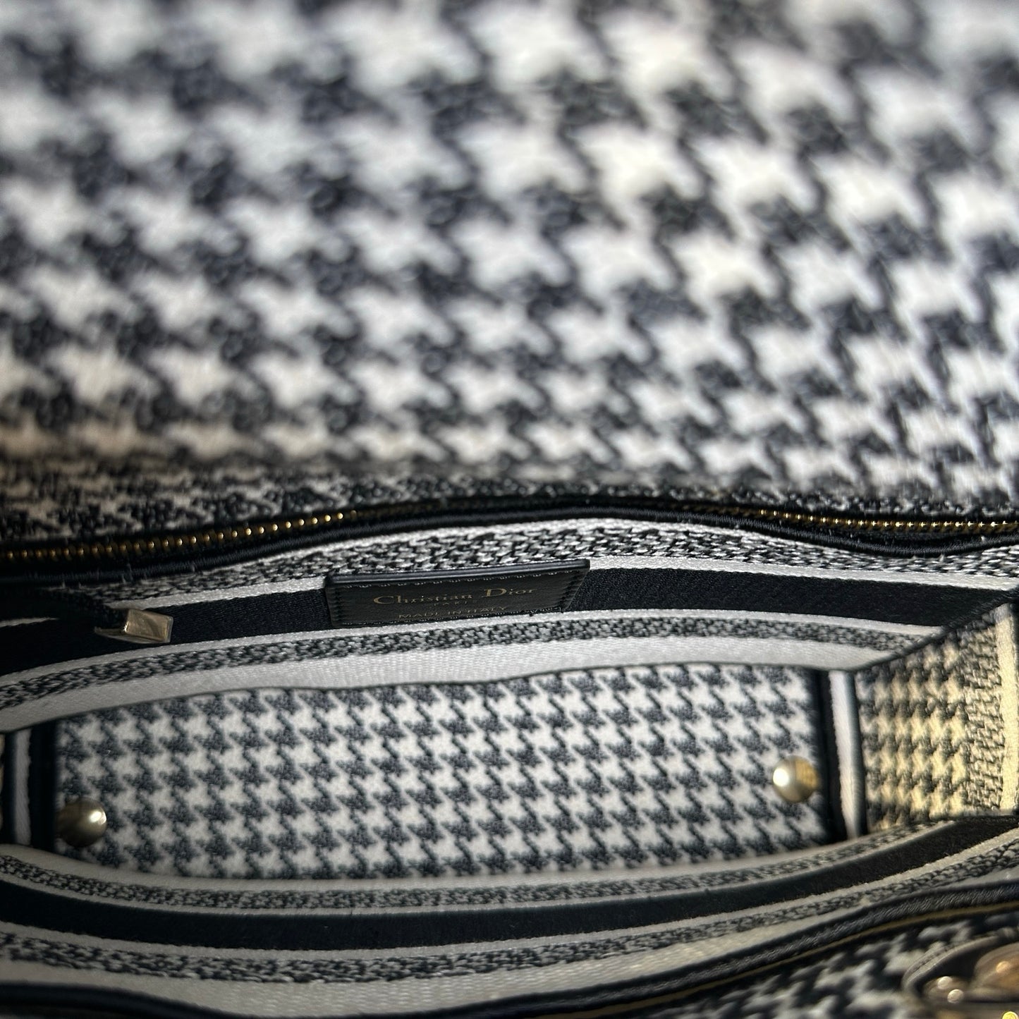 Used DIOR Houndstooth Embroidery Lady D-Lite Handbag Black White