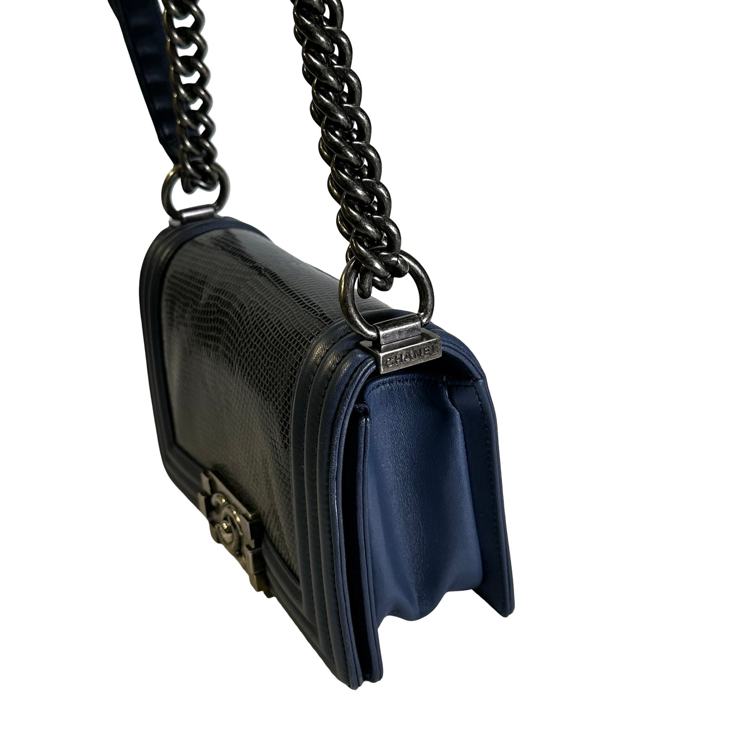 Used CHANEL Lizard Calfskin Boy Bag Shoulder Bag Navy Blue