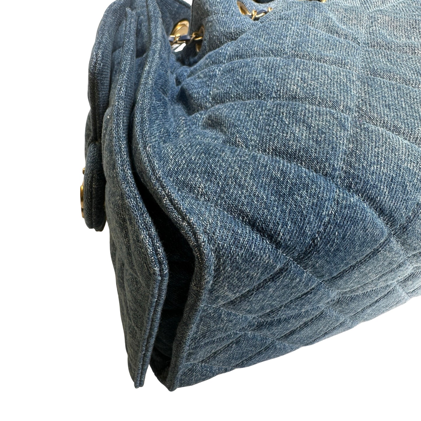 Used CHANEL Denim Quilted Kelly Shoulder Bag Blue GHW