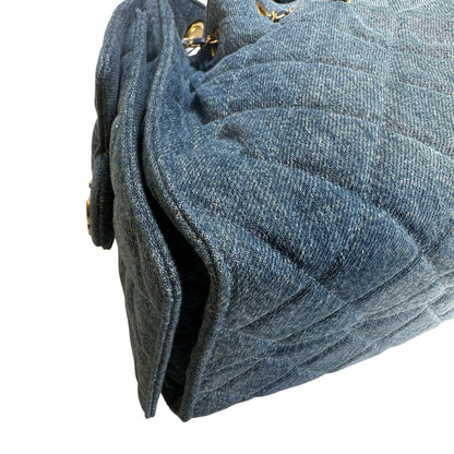 Used CHANEL Denim Quilted Kelly Shoulder Bag Blue GHW