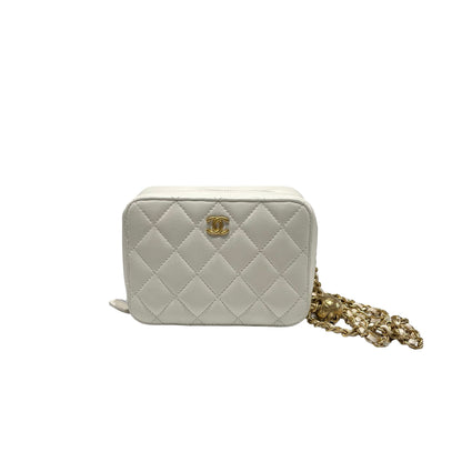 Used CHANEL Lambskin Leather Camera case with golden ball Camera Bag White GHW