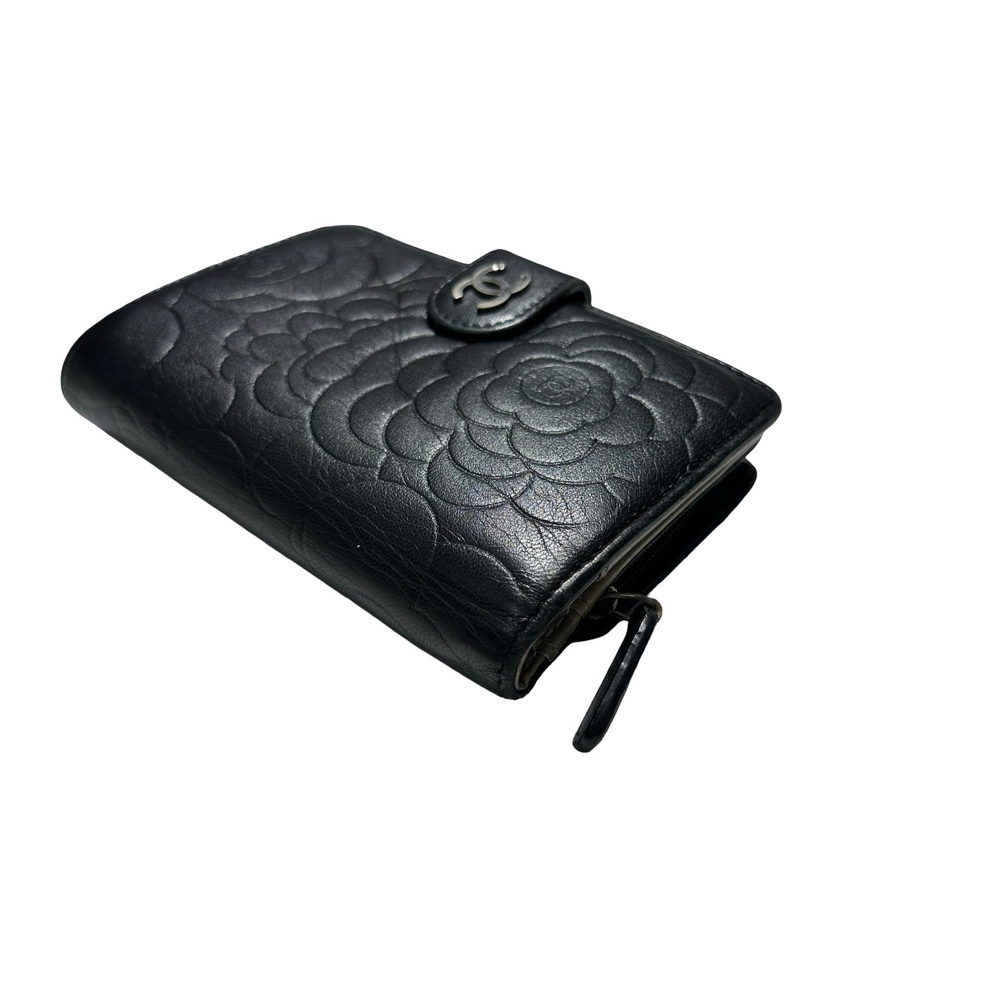 Used CHANEL Camellia Caviar Camellia Wallet Black Silver