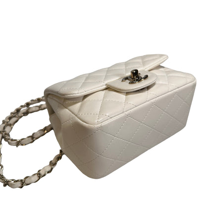 Used CHANEL Quilted Lambskin Classic Mini Rectangular Flap Bag Chain Shoulder Bag White GHW