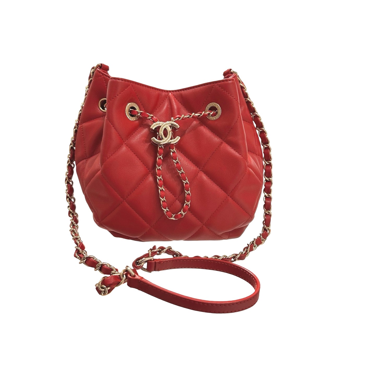 Used CHANEL Lambskin Leather MINI DRAWSTRING BUCKET Cross Body Bag Red