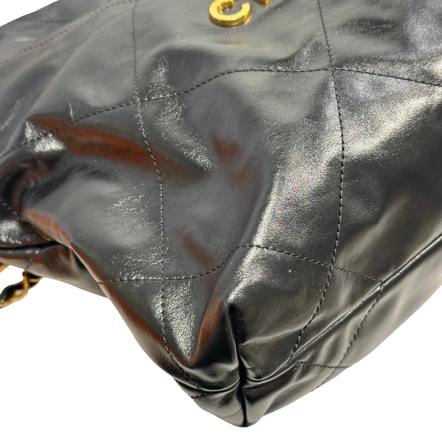 Used CHANEL Quilted Leather 22 Small Tote Bag Black Gold