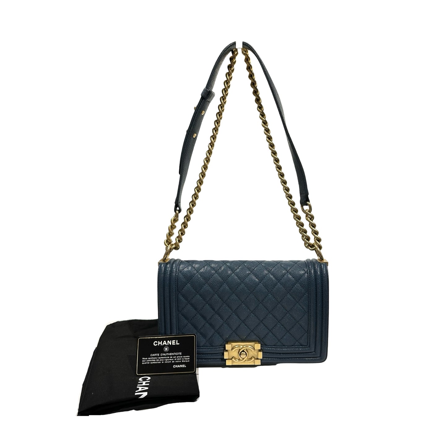 Used Chanel Calfskin Leather Boy 25 Shoulder Bag GHW Blue