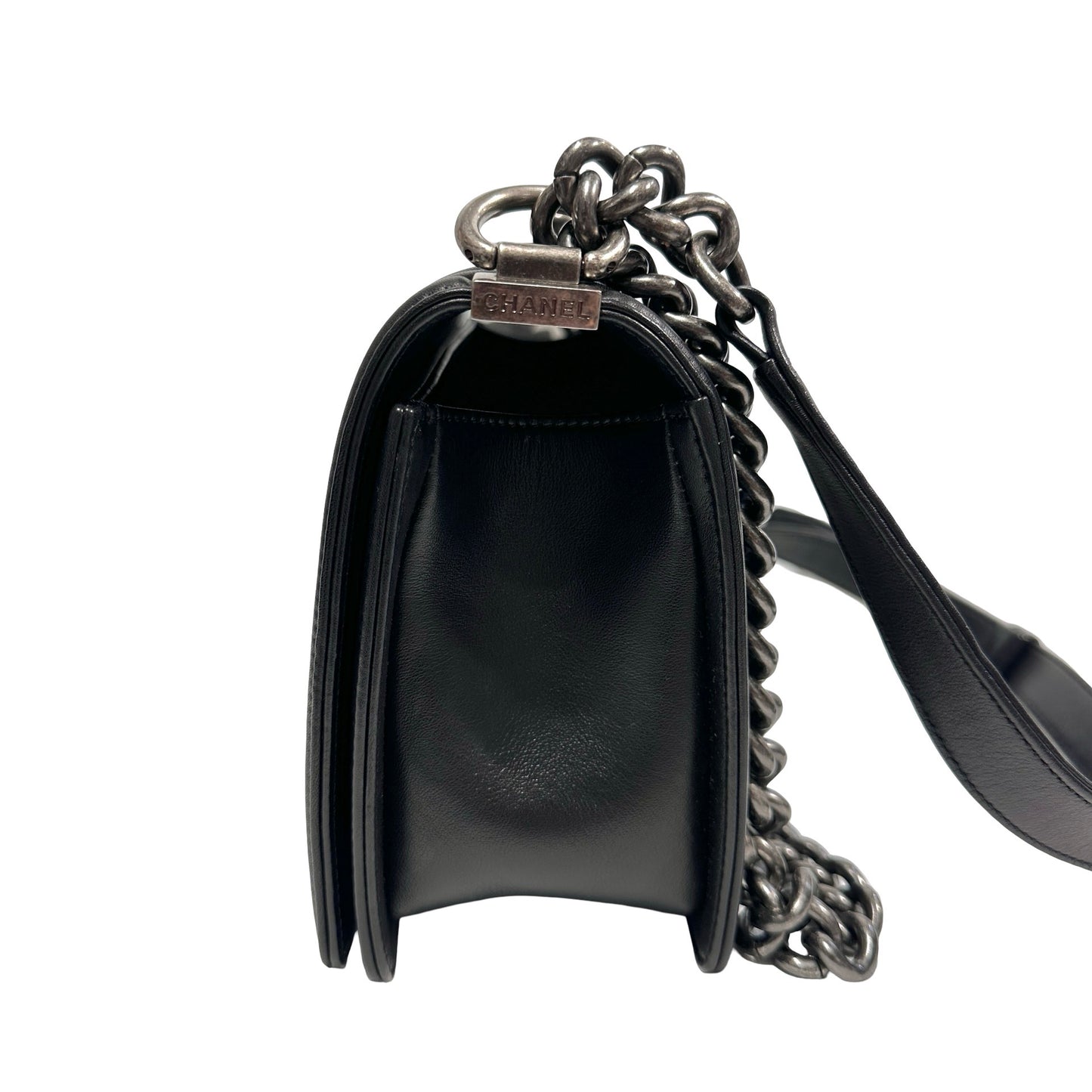 Used Chanel Lambskin Leather Boy 25 Shoulder Bag Black PHW