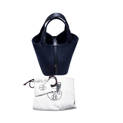 Used HERMÈS Wool Picotin 18 Handbag 2Z Bleu Nuit PHW
