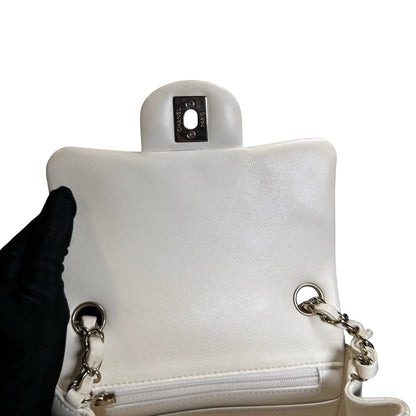 Used CHANEL Quilted Lambskin Classic Mini Rectangular Flap Bag Chain Shoulder Bag White GHW