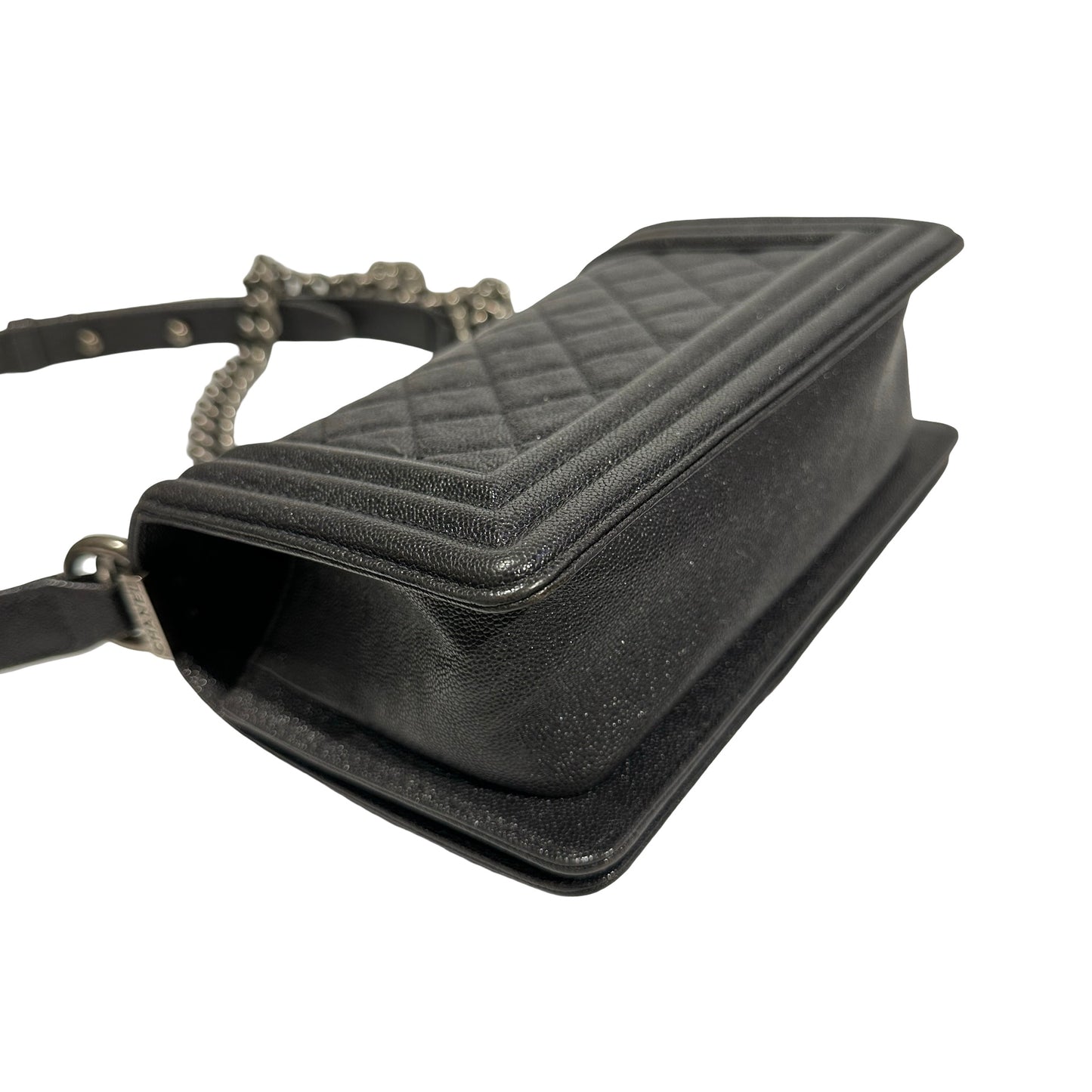 Used Chanel Calfskin Leather Boy 20cm Shoulder Bag PHW Grey