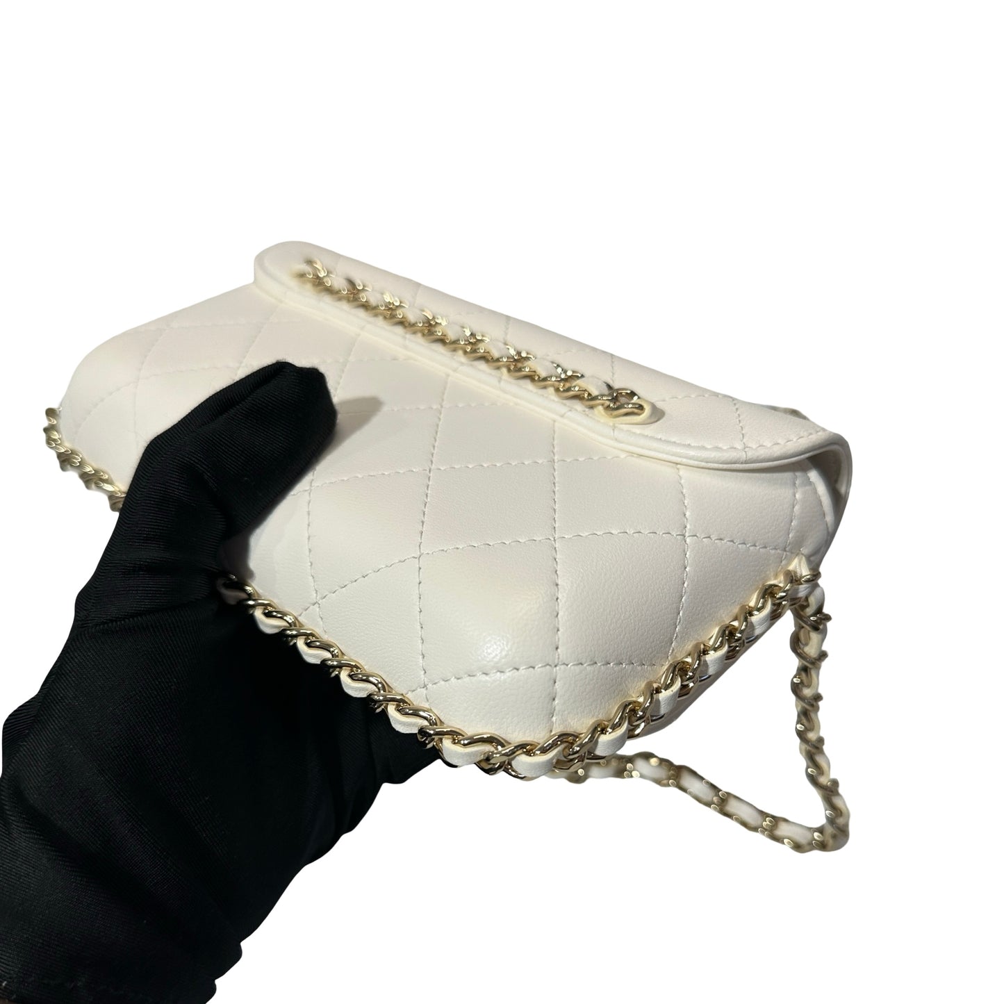 Used CHANEL Lambskin Leather Used Chanel FLAP Cross Body Bag GHW White