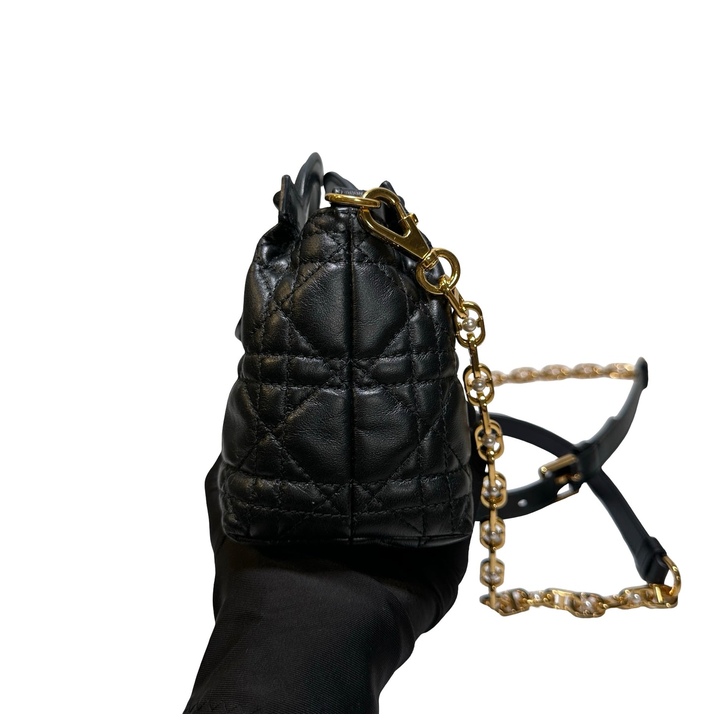 Used Dior Lambskin Leather Jolie Top Handle Cross Body Bag Black GHW