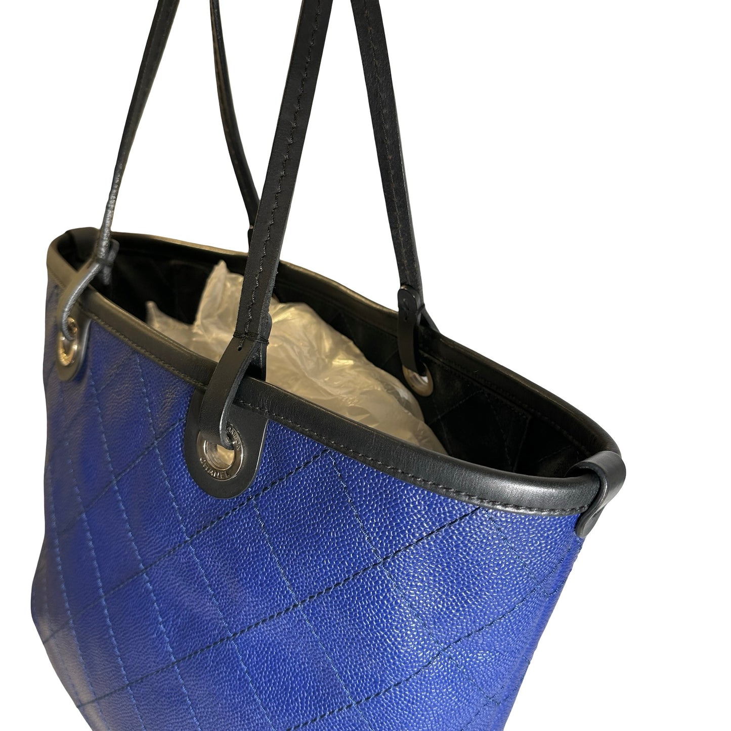 Used CHANEL Quilted Caviar Leather GST Tote Bag Blue Silver