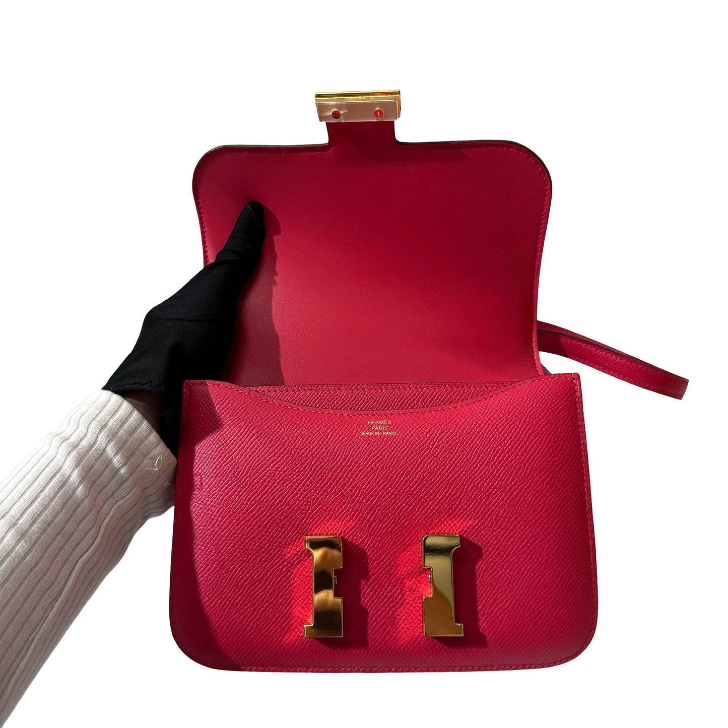 Used Hermès Calfskin Leather Mini Constance Cross Body Bag I6 GHW Pink