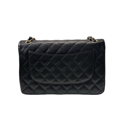 Used CHANEL Calfskin Leather Jumbo Chain Shoulder Bag GHW Black