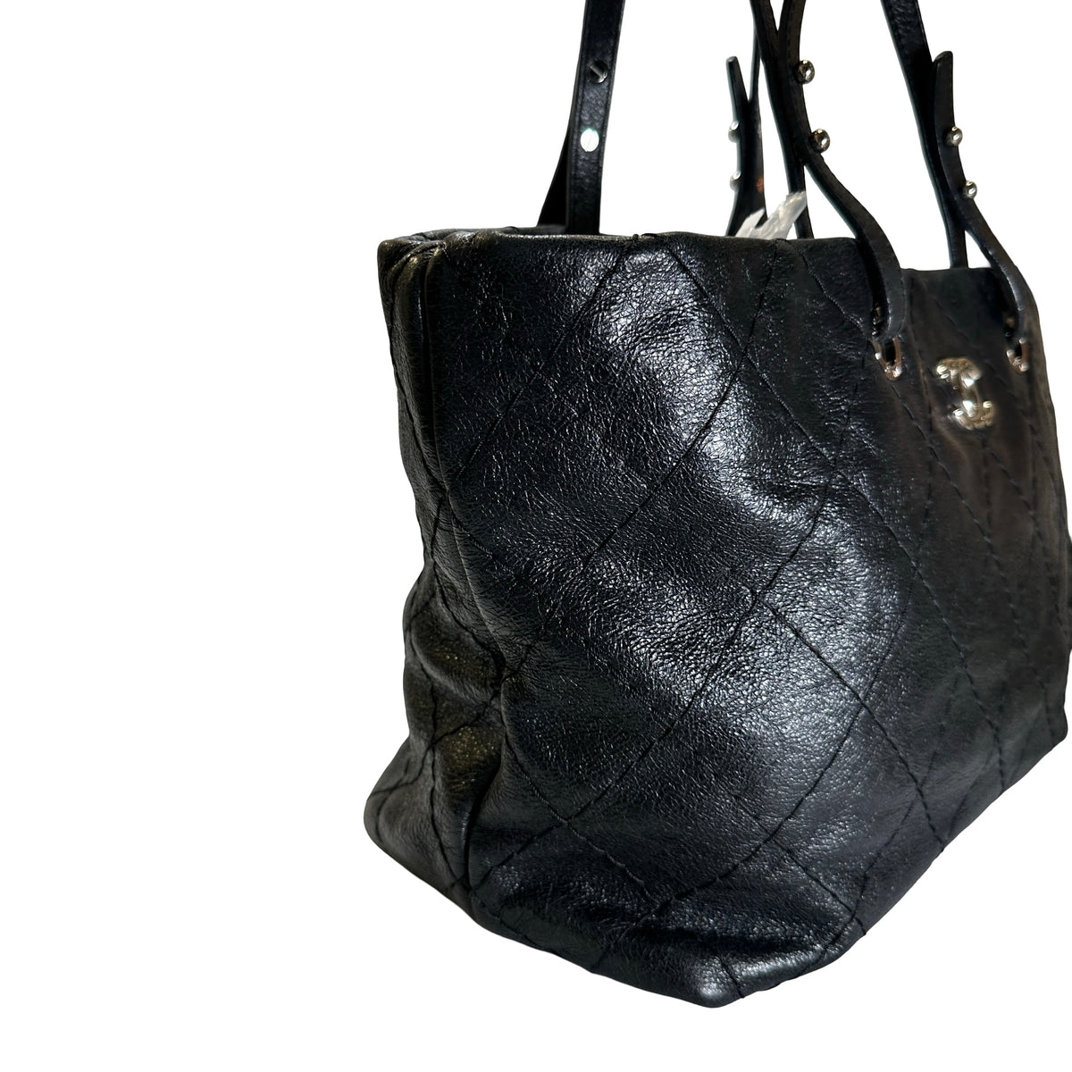 Used CHANEL Wrinkled Calfskin Hobo Shoulder Bag Black PHW