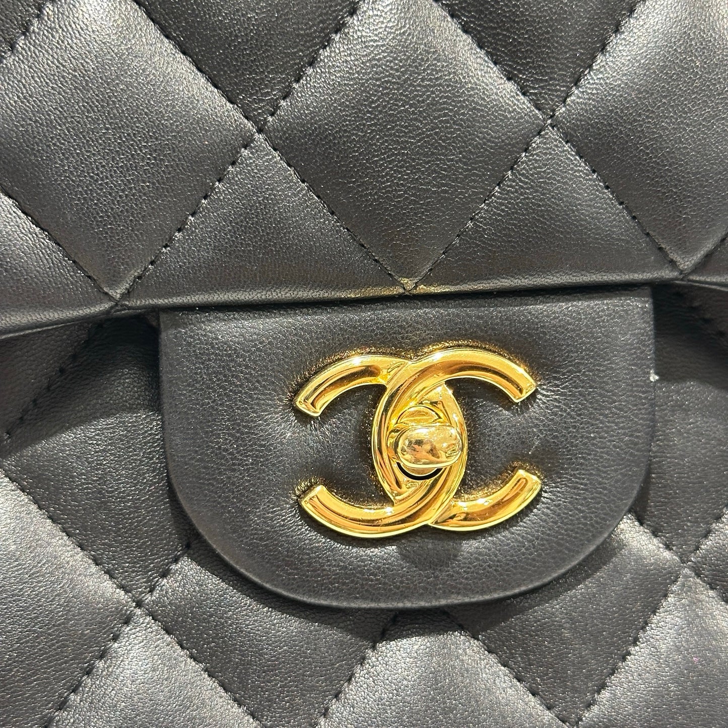 Used CHANEL Lambskin Quilted Jumbo Shoulder Bag Black Gold