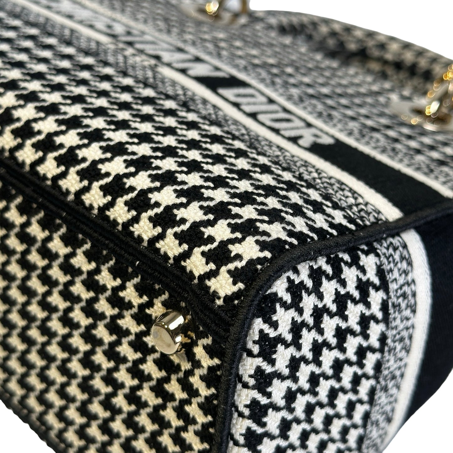 Used DIOR Houndstooth Embroidery Lady D-Lite Handbag Black White