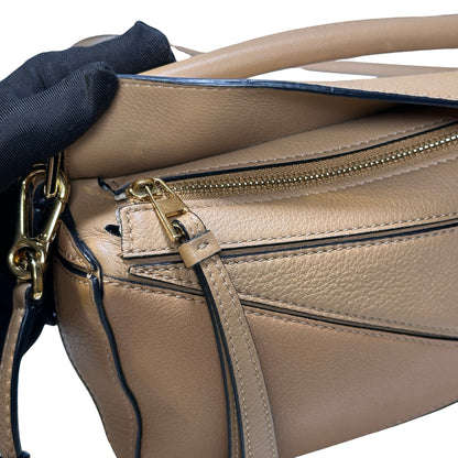 Used LOEWE Calfskin Leather MINI PUZZLE Cross Body Bag Beige Brown