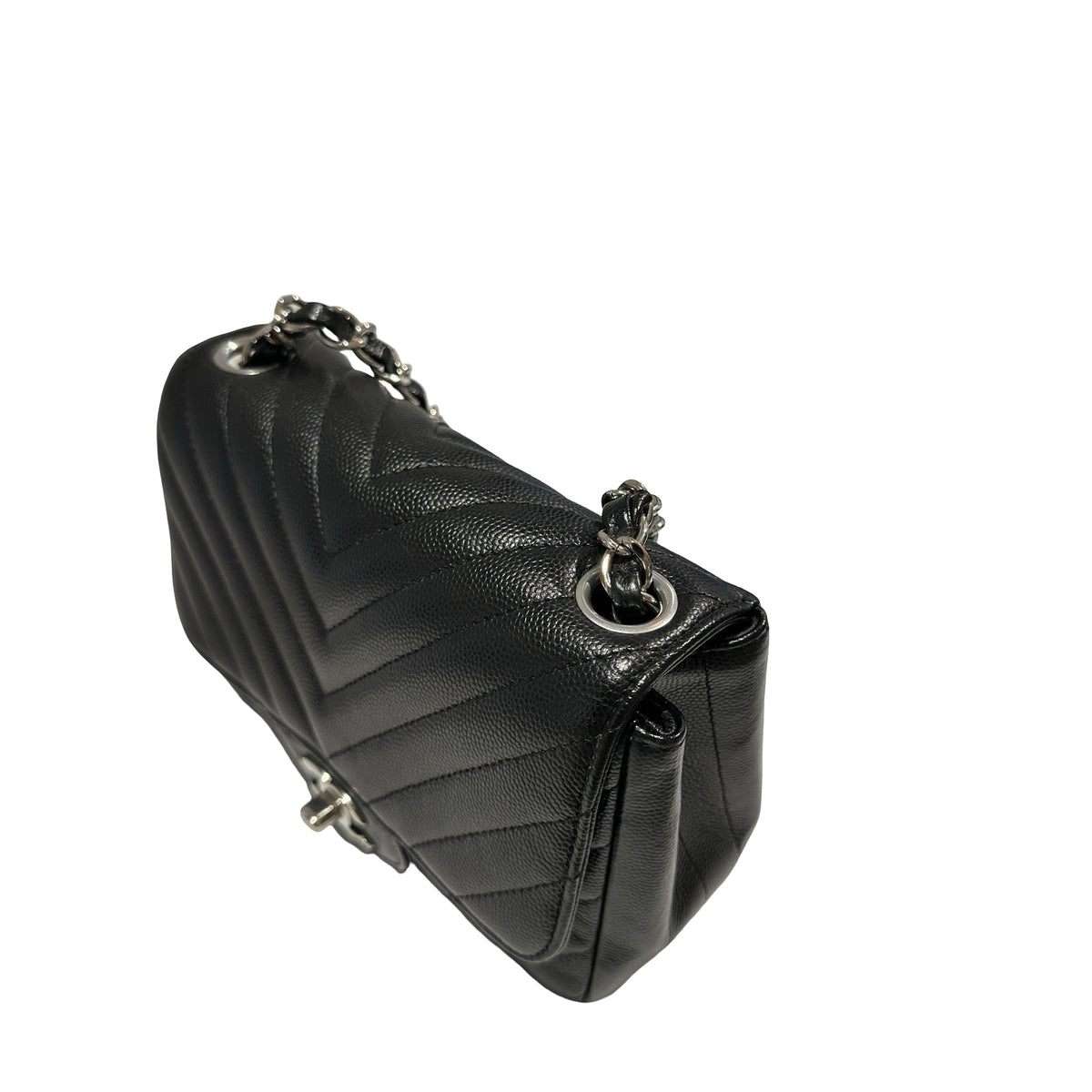 Used CHANEL Caviar Leather Mini Rectangular Flap Chain Shoulder Bag Black PHW
