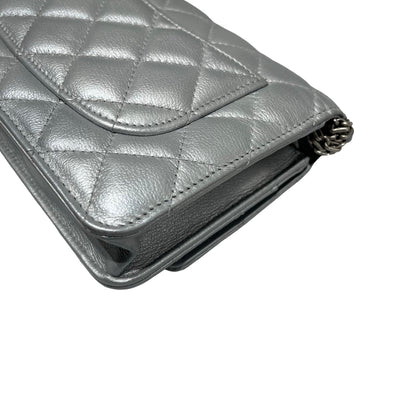 Used CHANEL Calfskin Leather 2.55 WOC Cross Body Bag Grey PHW