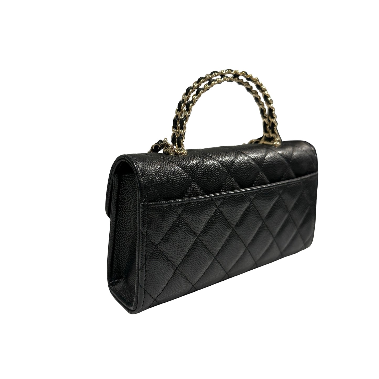 Used CHANEL Quilted Caviar Handle Classic Flap Handbag Black Gold