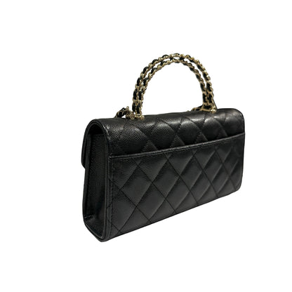 Used CHANEL Quilted Caviar Handle Classic Flap Handbag Black Gold