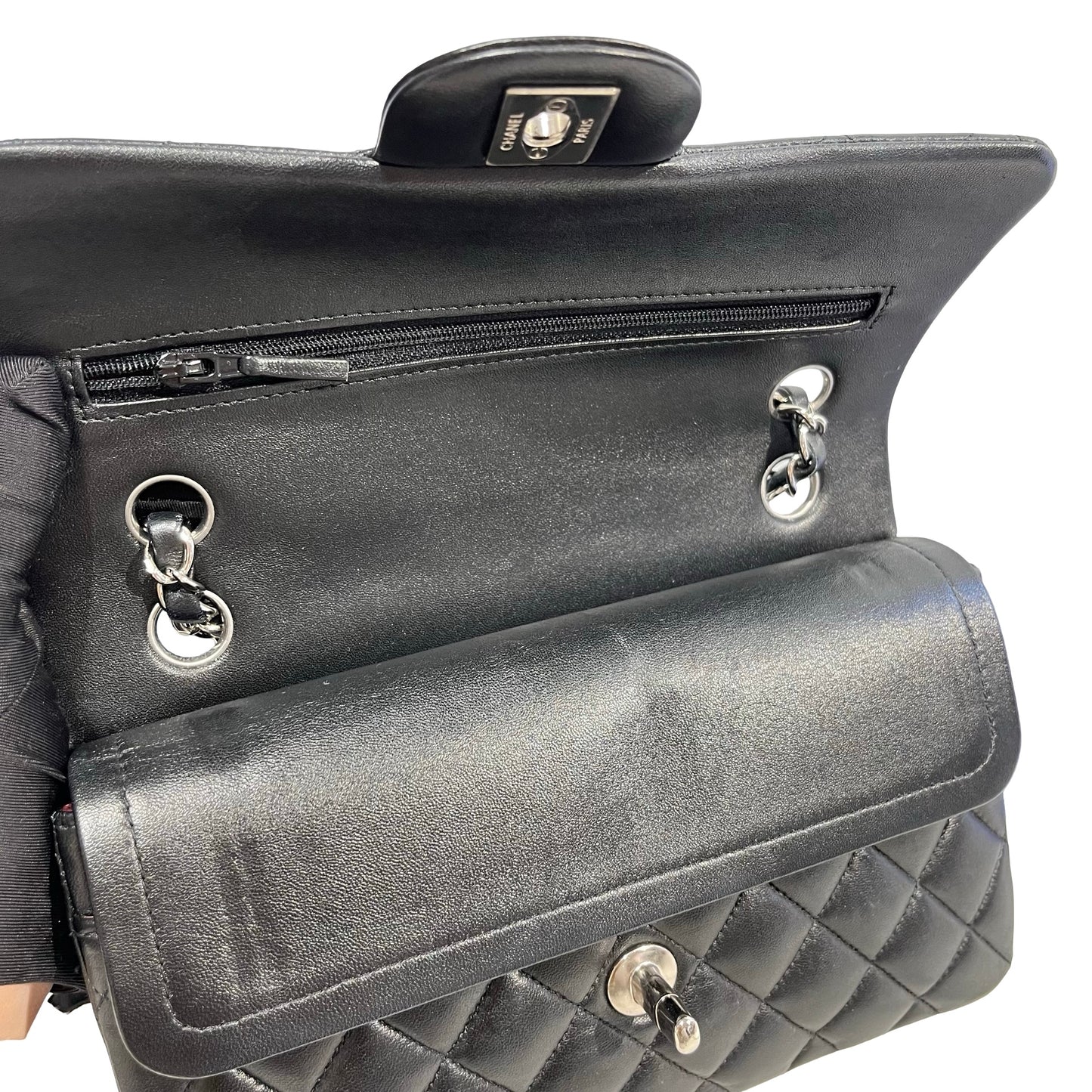 Used CHANEL Quilted Lambskin Classic Flap Chain shoulder bag Black Silver hardware