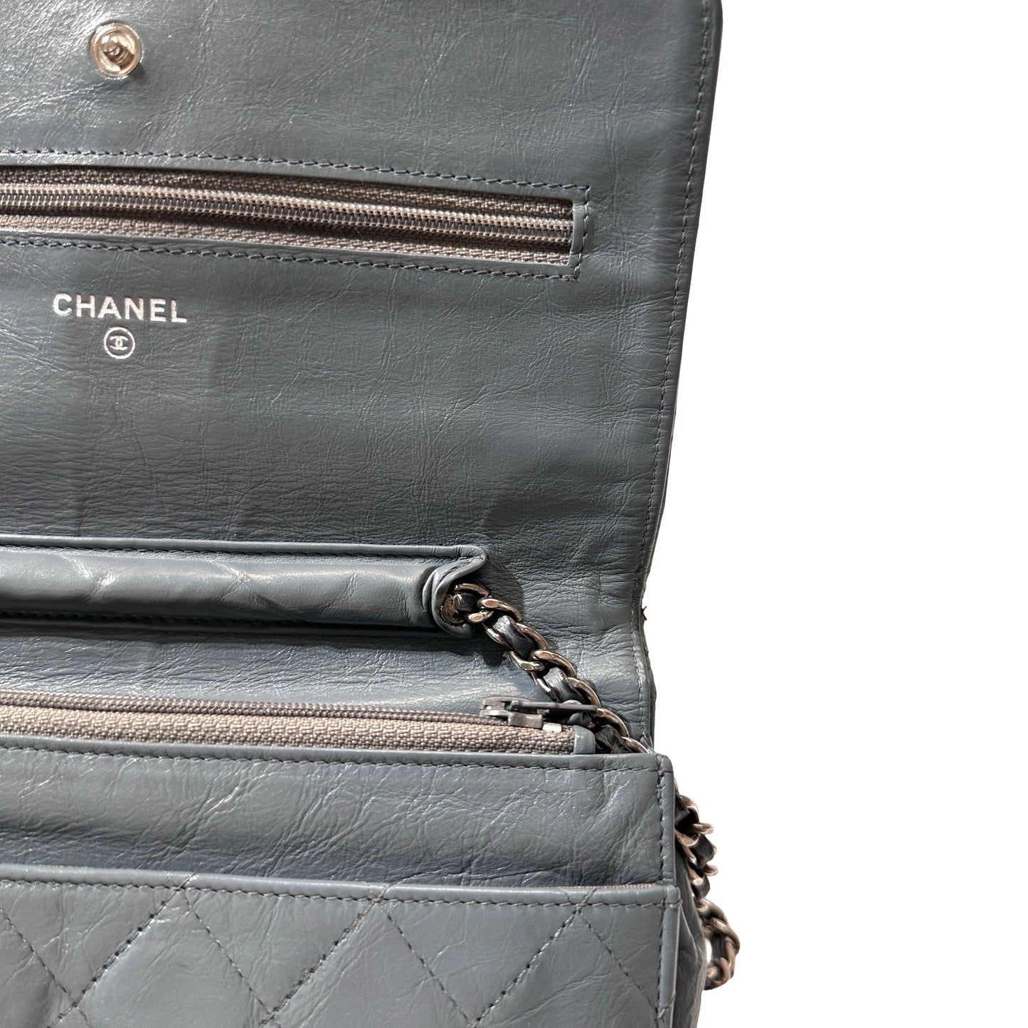Used Chanel Shiny Calfskin WOC Cross Body Bag Baby Blue PHW