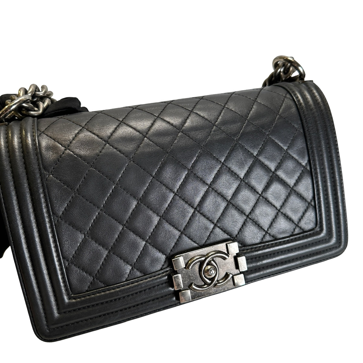 Used CHANEL Quilted Calfskin Boy Bag Shoulder Bag Black Silver