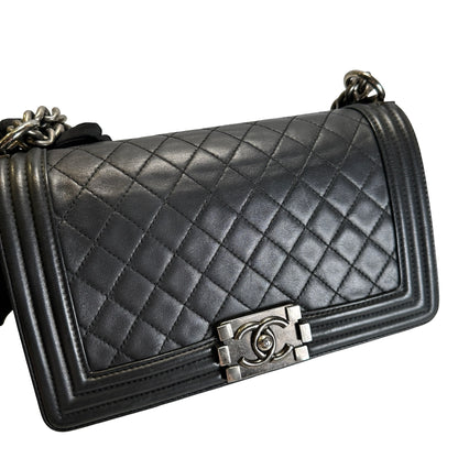 Used CHANEL Quilted Calfskin Boy Bag Shoulder Bag Black Silver