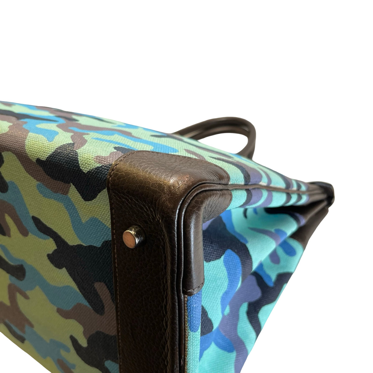 Used HERMES Camouflage Leather Toile HAC Birkin 35 Handbag Brown Blue Green