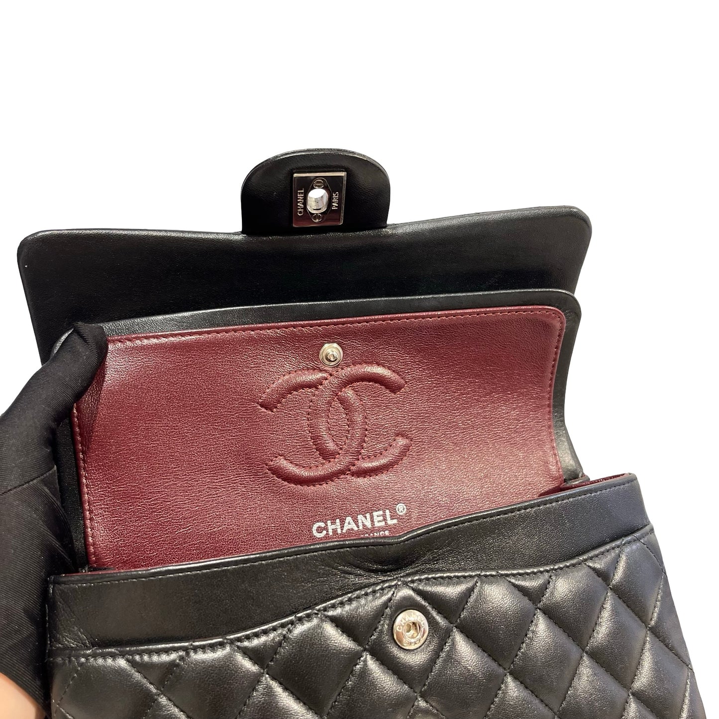 Used CHANEL Quilted Lambskin Classic Flap Chain shoulder bag Black Silver hardware