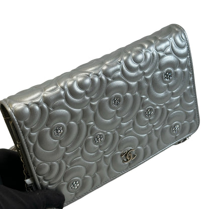 Used CHANEL Camellia Leather woc Wallet on chain Silver，Phw