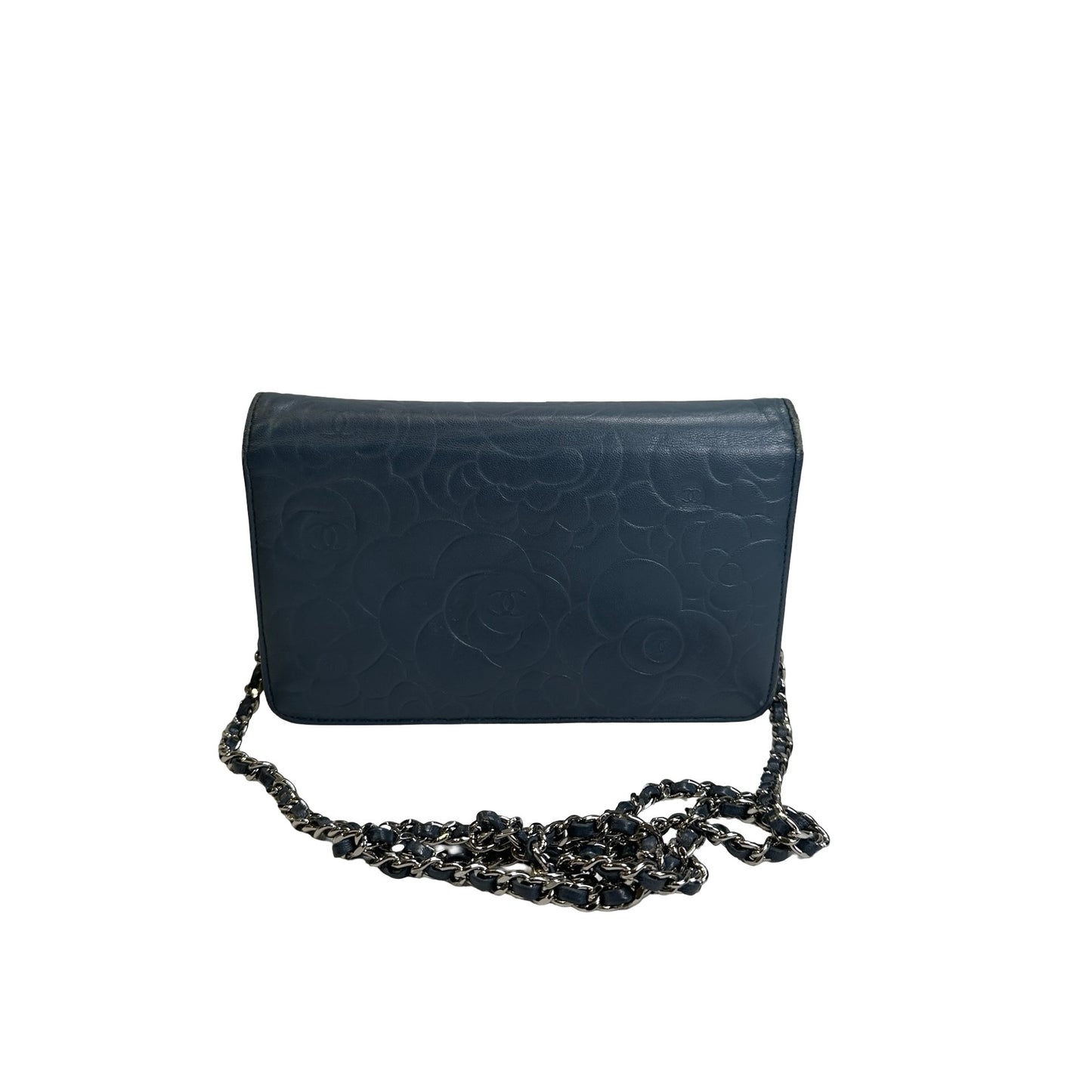 Used CHANEL Camellia Leather Wallet on chain Wallet on chain Navy