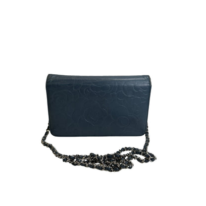 Used CHANEL Camellia Leather Wallet on chain Wallet on chain Navy