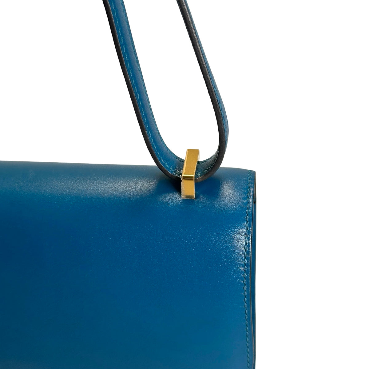 Used HERMES Epsom Leather Constance Shoulder Bag Blue Gold Hardware