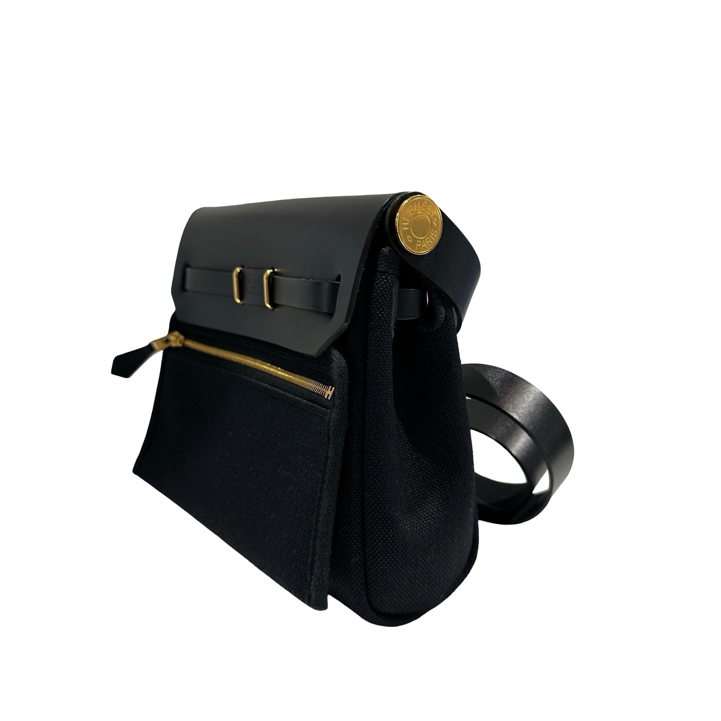 Used HERMES Canvas Leather Mini Herbag Handbag Black GHW
