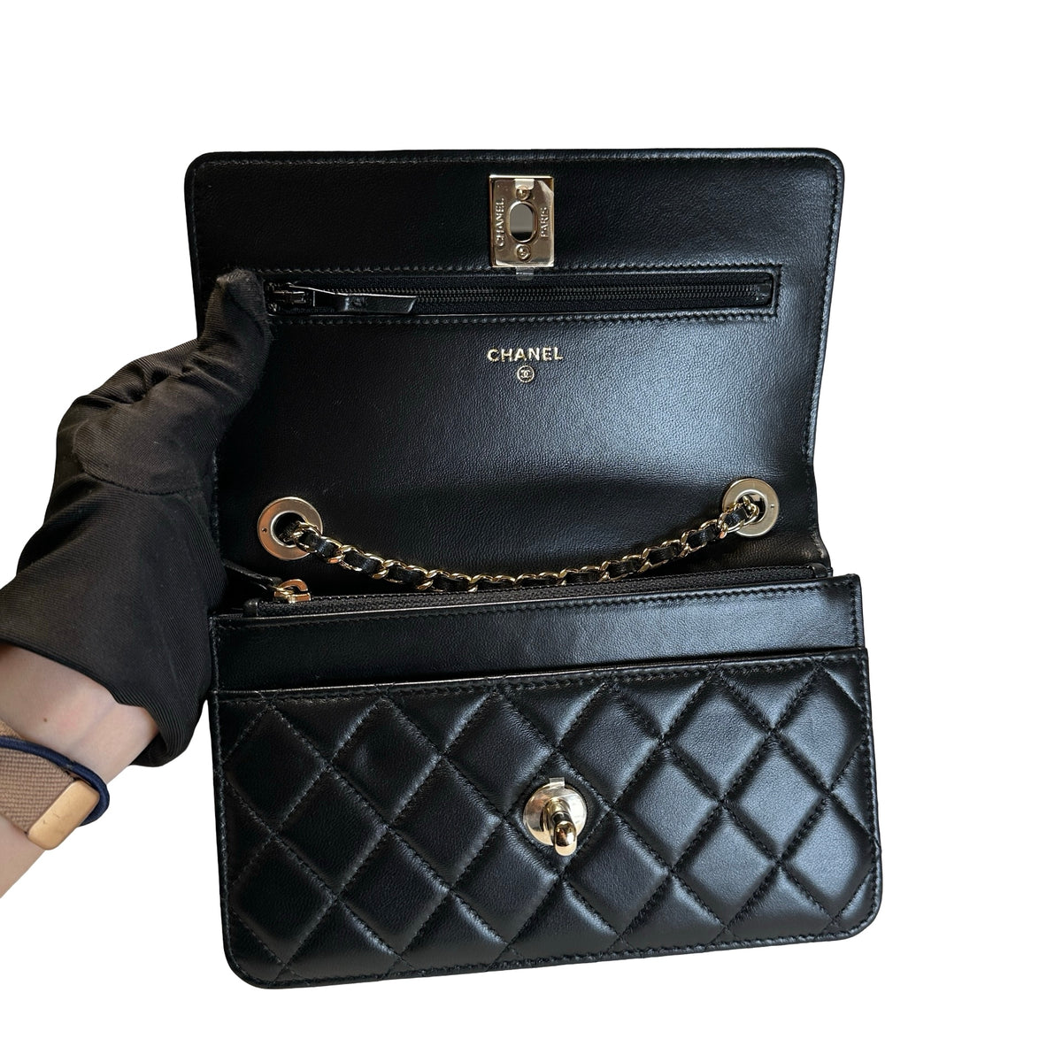 Used CHANEL Quilted Lambskin Wallet on chain Wallet on chain Black Gold