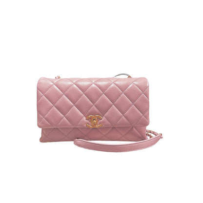 Used CHANEL Lambskin Cross Body Bag Pink GHW