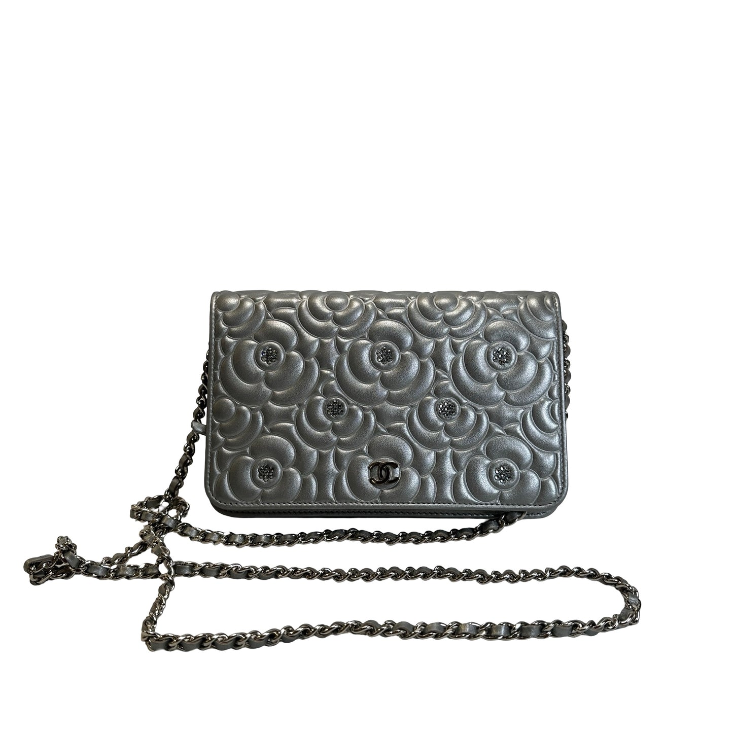 Used CHANEL Camellia Leather woc Wallet on chain Silver，Phw