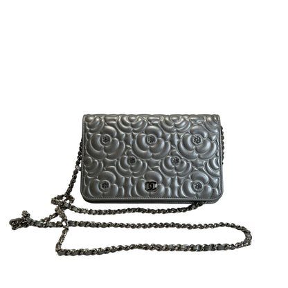 Used CHANEL Camellia Leather woc Wallet on chain Silver，Phw