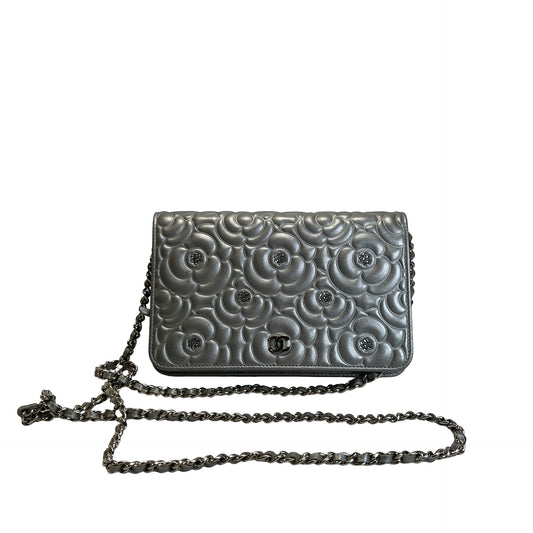 Used CHANEL Camellia Leather woc Wallet on chain Silver，Phw