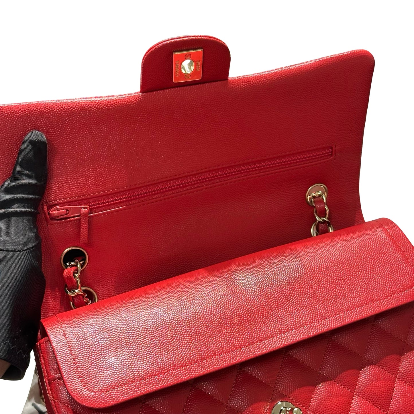 Used CHANEL Quilted Caviar Classic Flap 25 Shoulder Bag Red Gold