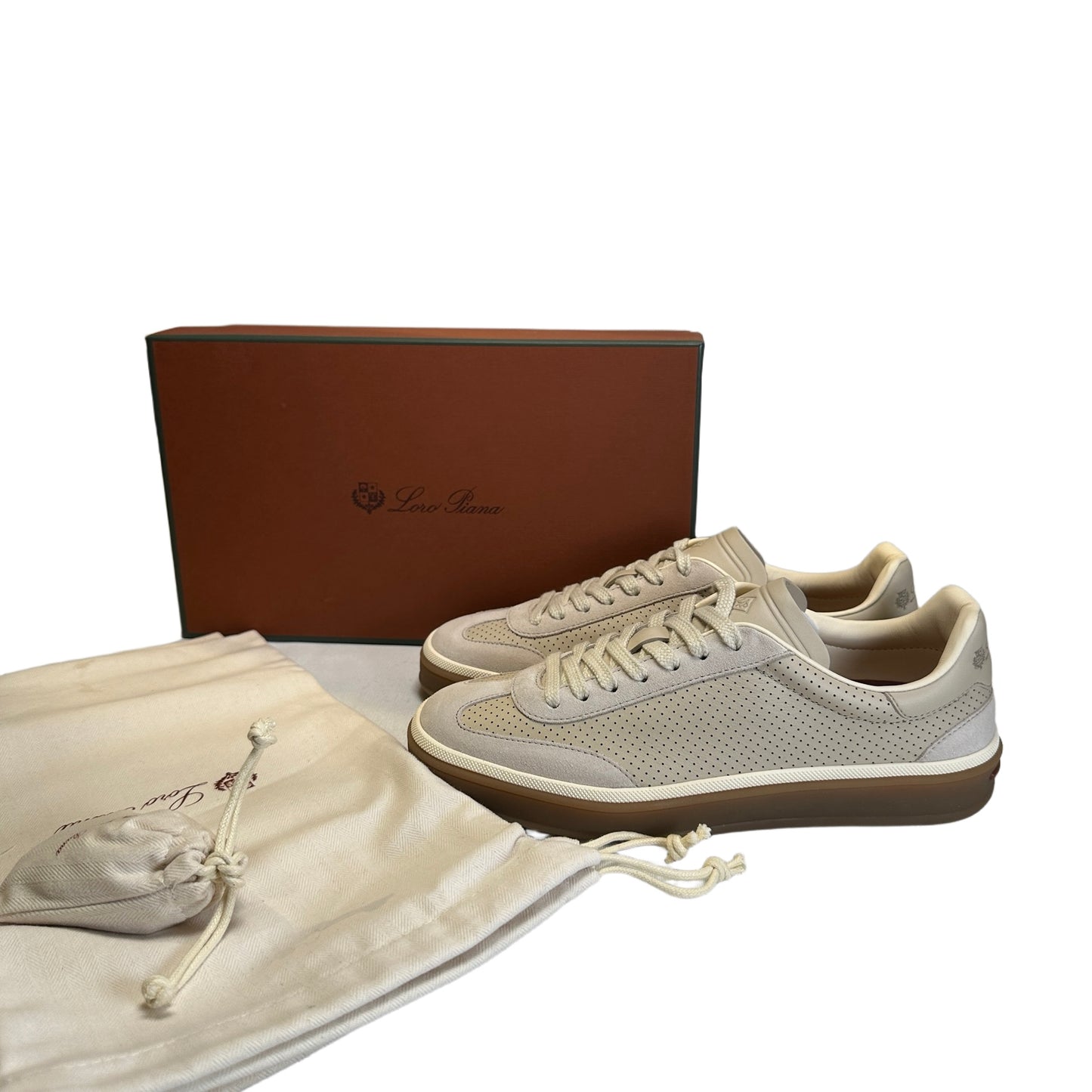 Brand New LORO PIANA SUEDE LEATHER PERFORATED SUEDE LP SNEAKER Sneakers WHITE GUM SOLE