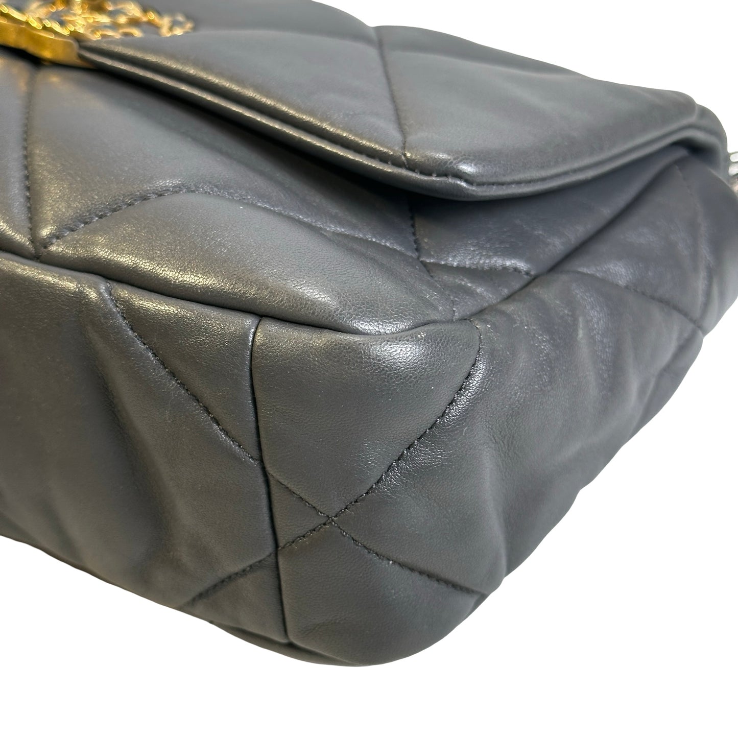 Used CHANEL Quilted Goatskin Chanel 19 Chain Shoulder Bag Grey Gold Ruthenium