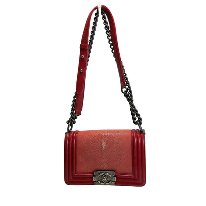 Used CHANEL Stingray Leather Boy Crossbody Bag Red